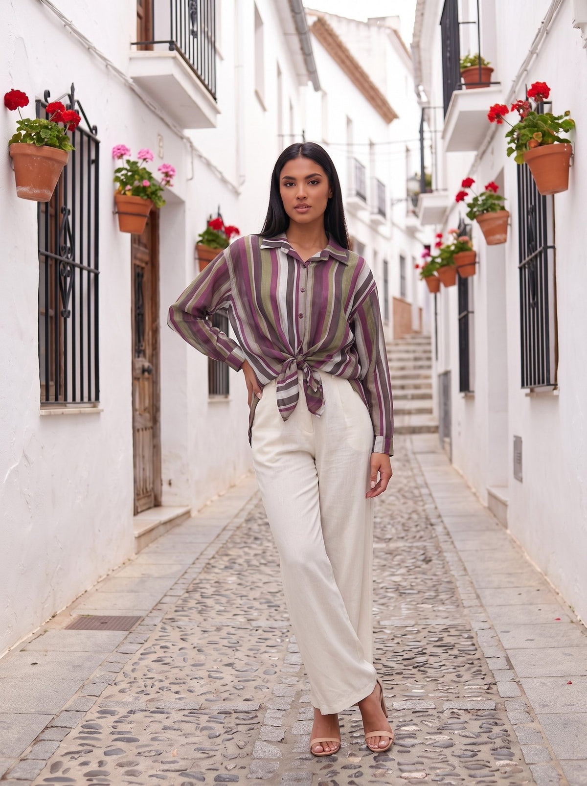 Camisa de rayas anudada morada