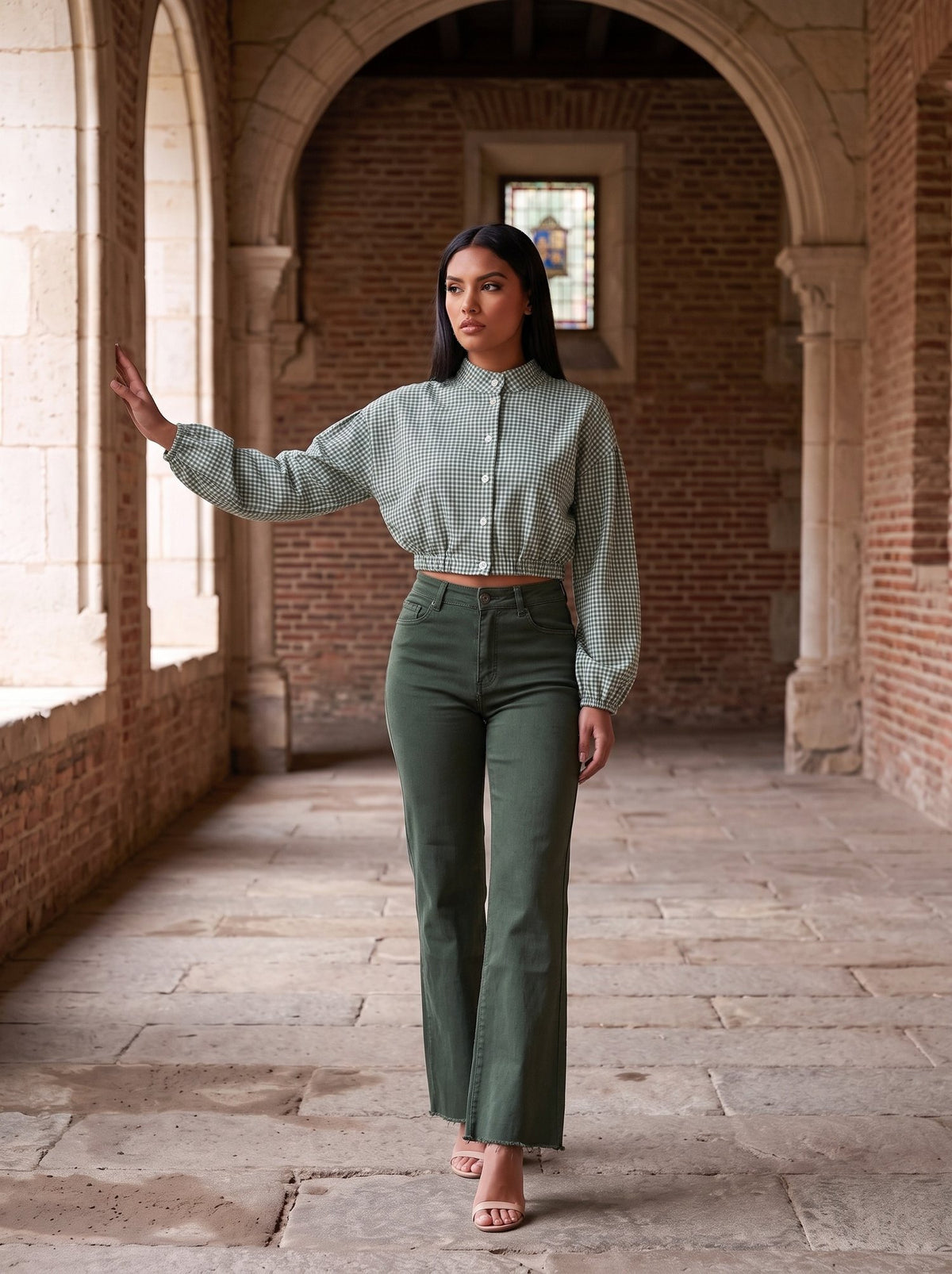 Conjunto camisa vichy y pantalón verde