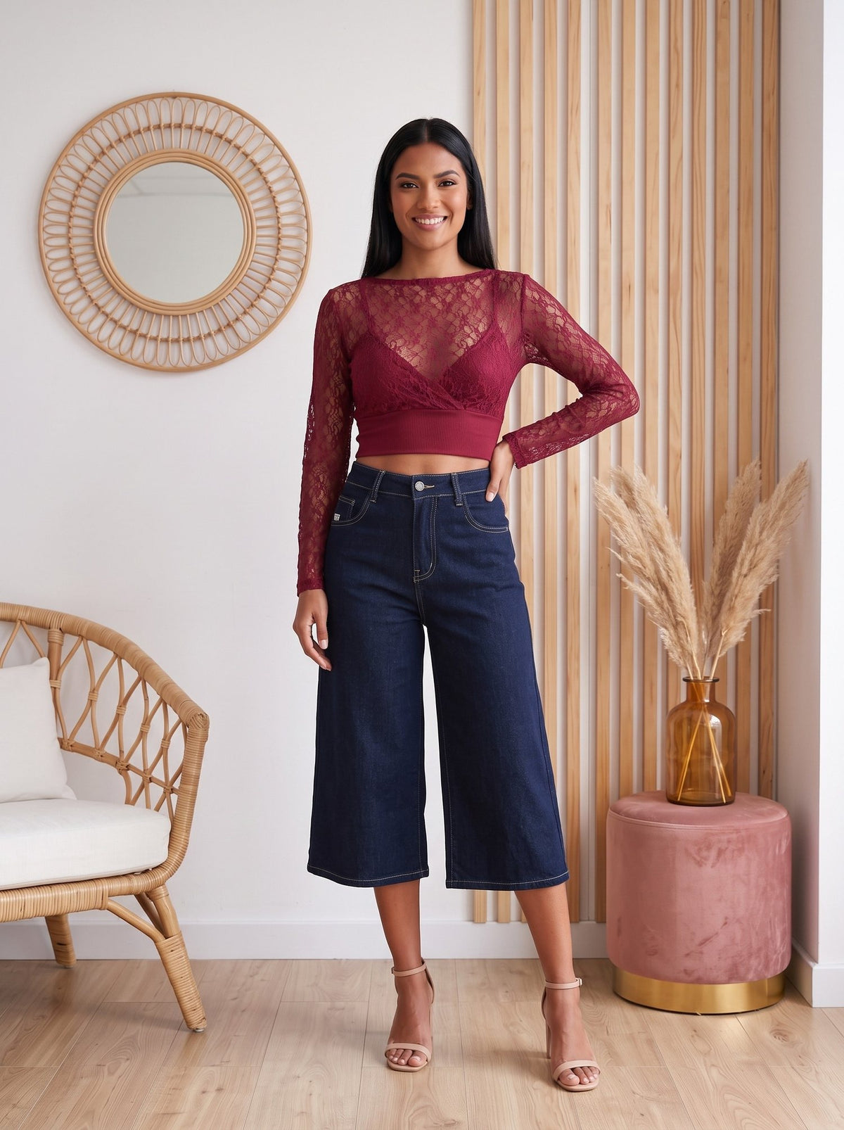Conjunto encaje burdeos y culotte vaquero