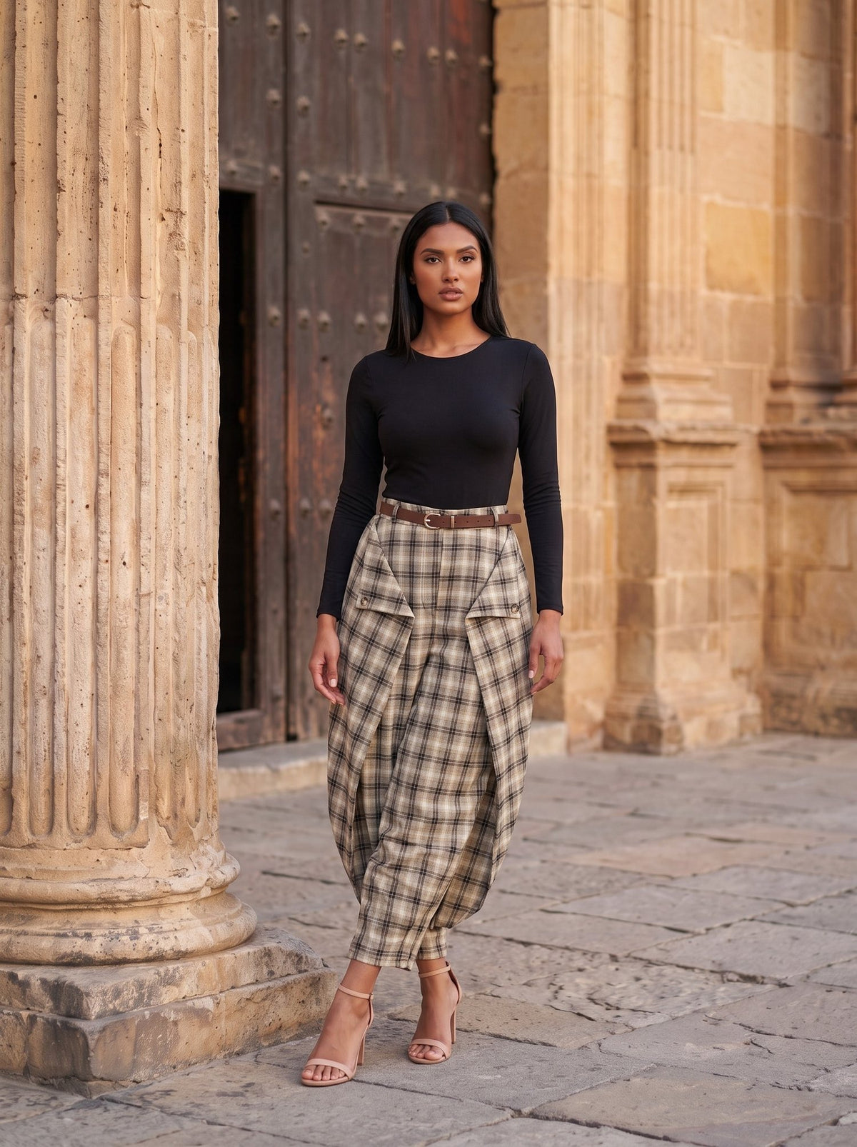 Pantalón barril de cuadros beige